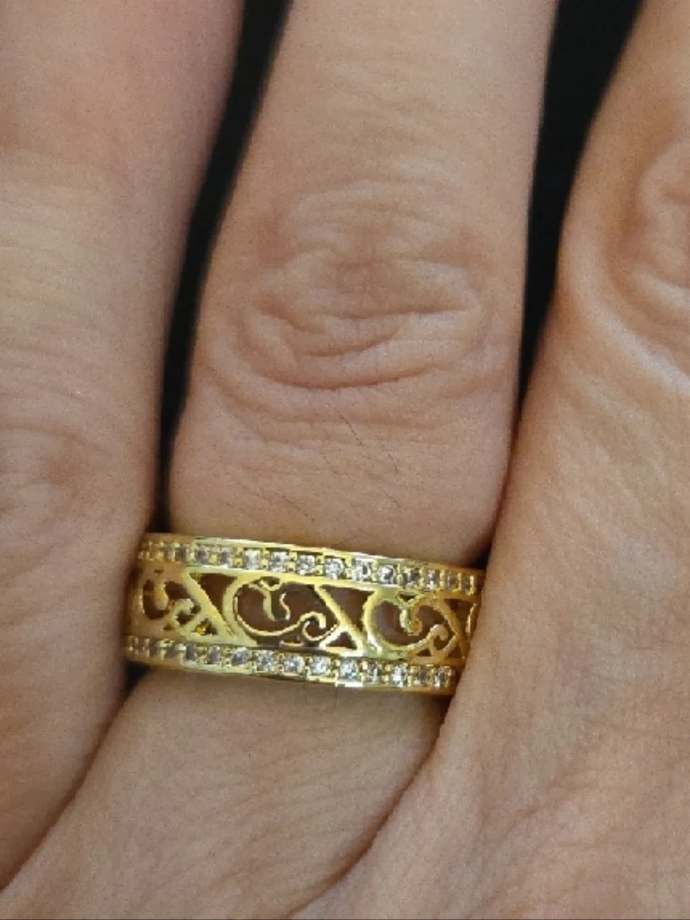 Gold Filigree Scroll Ring with Pavé Crystals - Women's Gold Band Size 6 NIB